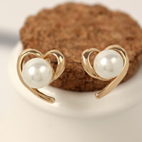 Plastic Pearl Zinc Alloy Earring, with ABS Plastic Pearl, stainless steel post pin, Heart, gold color plated, nickel, lead & cadmium free 