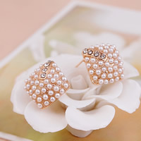 Plastic Pearl Zinc Alloy Earring, stainless steel post pin, Rhombus, rose gold color plated, with plastic pearl & with rhinestone, nickel, lead & cadmium free, 10-15mm 