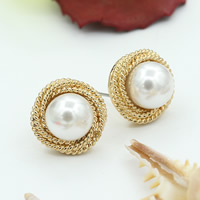 Plastic Pearl Zinc Alloy Earring, with ABS Plastic Pearl, stainless steel post pin, Flat Round, gold color plated, nickel, lead & cadmium free, 15mm 