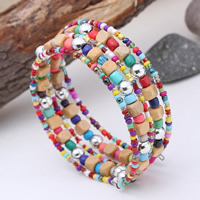 Memory Wire Bracelet, Glass Seed Beads, with Wood , 17mm Approx 7 Inch 