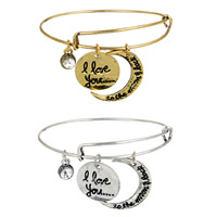 Adjustable Wire Bangle, Zinc Alloy, Moon, word I love you to the moon and back, plated, charm bracelet & with rhinestone nickel, lead & cadmium free, 15mm, Inner Approx 60mm Approx 7 Inch 