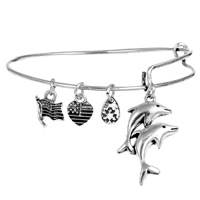 Adjustable Wire Bangle, Zinc Alloy, Dolphin, antique silver color plated, united states flag pattern & charm bracelet, nickel, lead & cadmium free, 30mm, Inner Approx 60mm Approx 7 Inch 