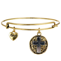 Adjustable Wire Bangle, Zinc Alloy, Flat Round, word love, antique gold color plated, charm bracelet & with cross pattern & hammered, nickel, lead & cadmium free, 20mm, Inner Approx 60mm Approx 7 Inch 