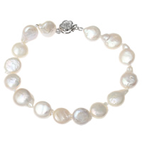 Cultured Freshwater Pearl Bracelets, brass clasp, Coin, natural white, 9-10mm Approx 7.5 Inch 