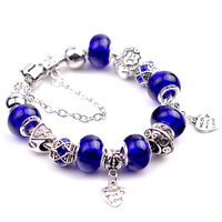 Zinc Alloy European Bracelets, with Lampwork & Brass, Heart, word made with love, antique silver color plated & with rhinestone, nickel, lead & cadmium free, 180-200mm 