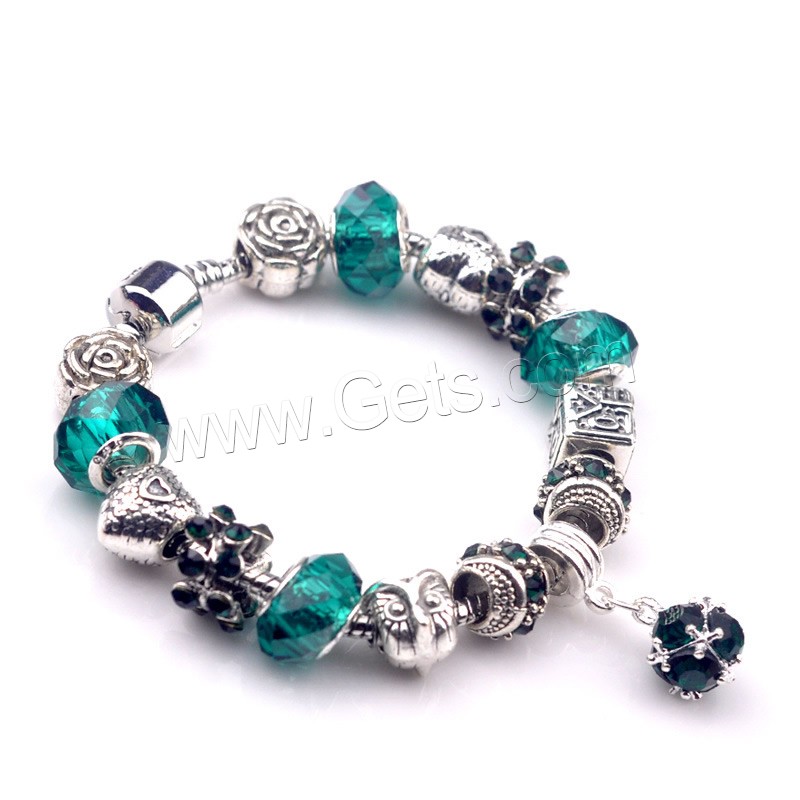 Zinc Alloy European Bracelets, with Crystal & Brass, antique silver color plated, different length for choice & faceted & with rhinestone, nickel, lead & cadmium free, 180-200mm, Sold By Strand