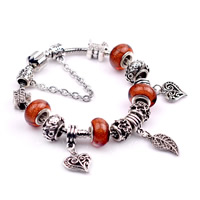 Zinc Alloy European Bracelets, with Lampwork & Brass, antique silver color plated nickel, lead & cadmium free, 180-200mm 