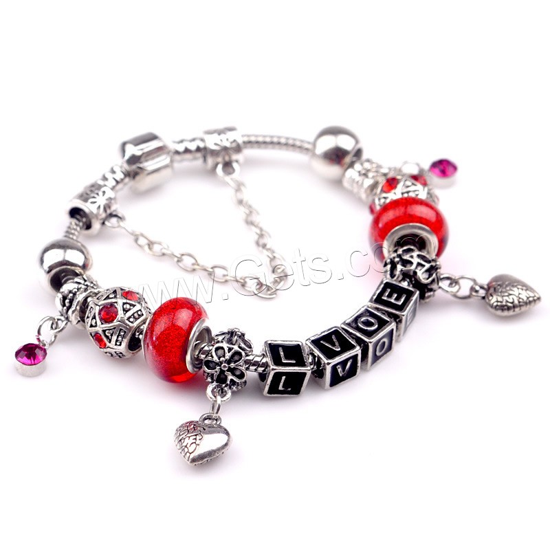 Zinc Alloy European Bracelets, with Lampwork & Brass, Heart, word love, antique silver color plated, different length for choice & enamel & with rhinestone, nickel, lead & cadmium free, 180-200mm, Sold By Strand