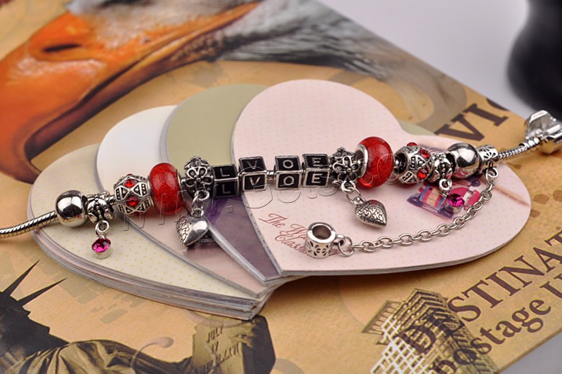 Zinc Alloy European Bracelets, with Lampwork & Brass, Heart, word love, antique silver color plated, different length for choice & enamel & with rhinestone, nickel, lead & cadmium free, 180-200mm, Sold By Strand