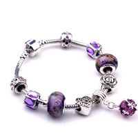 Zinc Alloy European Bracelets, with Lampwork & Brass, antique silver color plated & with rhinestone, nickel, lead & cadmium free, 180-200mm 