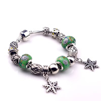 Zinc Alloy European Bracelets, with Lampwork & Brass, Snowflake, antique silver color plated & with rhinestone, nickel, lead & cadmium free, 180-200mm 