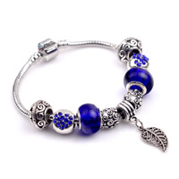 Zinc Alloy European Bracelets, with Lampwork & Brass, Leaf, antique silver color plated & with rhinestone, nickel, lead & cadmium free, 180-200mm 