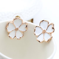 Enamel Zinc Alloy Stud Earring, with plastic earnut, stainless steel post pin, Flower, rose gold color plated, white, nickel, lead & cadmium free, 22mm 