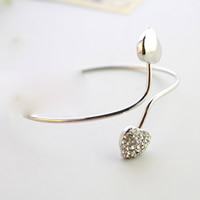 Zinc Alloy Cuff Bangle, Heart, silver color plated, with rhinestone, nickel, lead & cadmium free, 78mm, Inner Approx 70mm Approx 8.5 Inch 