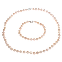 Natural Freshwater Pearl Jewelry Sets, bracelet & necklace, brass clasp, Potato pink, 7-8mm Approx 17 Inch, Approx  7.5 Inch 