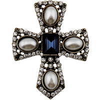 Plastic Pearl Brooch, Zinc Alloy, with ABS Plastic Pearl & Crystal, Cross, antique gold color plated, faceted & with rhinestone, nickel, lead & cadmium free 