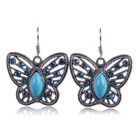 Turquoise Zinc Alloy Earring, with Synthetic Turquoise, iron earring hook, Butterfly, antique silver color plated, with rhinestone, nickel, lead & cadmium free, 20mm 