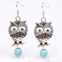 Turquoise Zinc Alloy Earring, with Synthetic Turquoise, iron earring hook, Owl, antique silver color plated, nickel, lead & cadmium free 