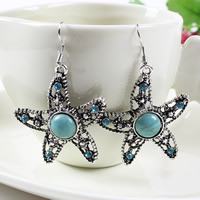 Turquoise Zinc Alloy Earring, with Synthetic Turquoise, iron earring hook, Starfish, antique silver color plated, with rhinestone, nickel, lead & cadmium free, 40mm 