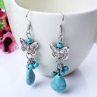 Turquoise Zinc Alloy Earring, with Synthetic Turquoise, iron earring hook, Butterfly, antique silver color plated, nickel, lead & cadmium free, 47mm 