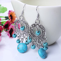 Turquoise Zinc Alloy Earring, with Synthetic Turquoise, iron earring hook, Flat Round, antique silver color plated, nickel, lead & cadmium free, 53mm 