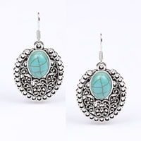 Turquoise Zinc Alloy Earring, with Synthetic Turquoise, iron earring hook, Oval, antique silver color plated, hollow, nickel, lead & cadmium free 