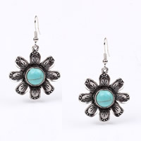 Turquoise Zinc Alloy Earring, with Synthetic Turquoise, iron earring hook, Flower, antique silver color plated, nickel, lead & cadmium free, 32mm 