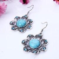 Turquoise Zinc Alloy Earring, with Synthetic Turquoise, iron earring hook, Flower, antique silver color plated, with rhinestone, nickel, lead & cadmium free, 27mm 