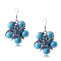 Turquoise Zinc Alloy Earring, with Synthetic Turquoise, iron earring hook, Flower, antique silver color plated, with rhinestone, nickel, lead & cadmium free, 22mm 