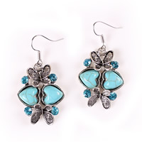 Turquoise Zinc Alloy Earring, with Synthetic Turquoise, iron earring hook, Butterfly, antique silver color plated, with rhinestone, nickel, lead & cadmium free 
