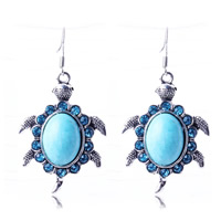 Turquoise Zinc Alloy Earring, with Synthetic Turquoise, iron earring hook, Turtle, antique silver color plated, with rhinestone, nickel, lead & cadmium free 