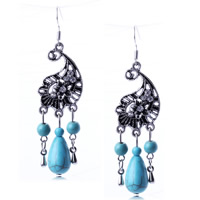Turquoise Zinc Alloy Earring, with Synthetic Turquoise, iron earring hook, antique silver color plated, with rhinestone, nickel, lead & cadmium free, 55mm 