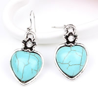 Turquoise Zinc Alloy Earring, with Synthetic Turquoise, iron earring hook, Heart, antique silver color plated, with rhinestone, nickel, lead & cadmium free 