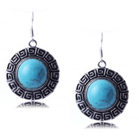 Turquoise Zinc Alloy Earring, with Synthetic Turquoise, iron earring hook, Flat Round, antique silver color plated, nickel, lead & cadmium free, 28mm 