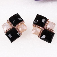 Resin Zinc Alloy Earring, with Resin, stainless steel earring post and Omega clip, Rhombus, gold color plated, faceted & with rhinestone, nickel, lead & cadmium free 