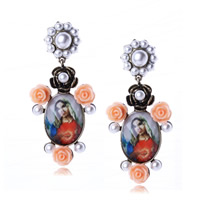 Fashion Statement Earring, Zinc Alloy, with Glass & Resin, stainless steel post pin, Flower, antique gold color plated, Christian Jewelry & with plastic pearl & faceted, nickel, lead & cadmium free, 68mm 
