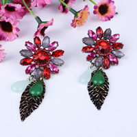 Fashion Statement Earring, Zinc Alloy, with Resin, stainless steel post pin, Leaf, antique bronze color plated, with acrylic rhinestone, nickel, lead & cadmium free, 70mm 