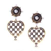 Plastic Pearl Zinc Alloy Earring, stainless steel post pin, Heart, antique gold color plated, with plastic pearl, nickel, lead & cadmium free 