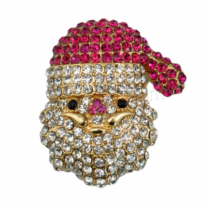 Christmas Jewelry Brooch , Zinc Alloy, Santa Claus, gold color plated, with rhinestone, nickel, lead & cadmium free 