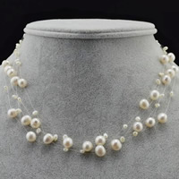 Natural Freshwater Pearl Necklace, with Crystal Thread, brass lobster clasp, with 5cm extender chain, Potato, white, 4mm, 8-9mm Approx 16.5 Inch 