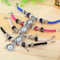 Fashion Watch Bracelet, Zinc Alloy, with Rhinestone Clay Pave & Nylon Cord & Glass, Chinese movement, platinum color plated, faceted 25mm, 5mm Approx 8.7 Inch 