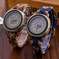 Women Wrist Watch, Zinc Alloy, with Linen & Cowhide & Glass, Chinese movement, antique bronze color plated, braided & adjustable 40mm, 19mm Approx 9.6 Inch 