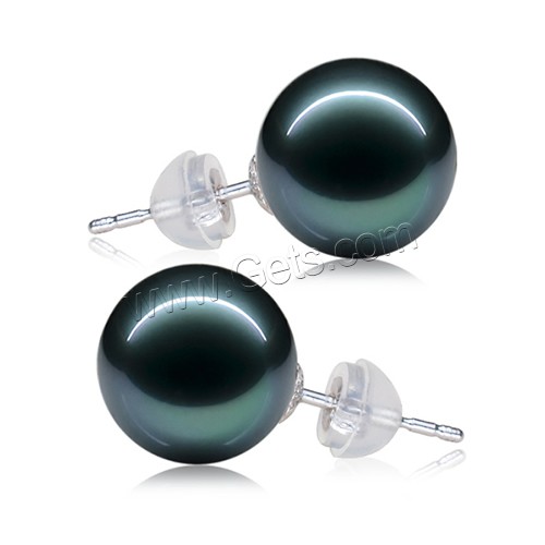 Tahitian Pearls, with plastic earnut, brass post pin, Round, natural, different size for choice, black, Sold By Pair
