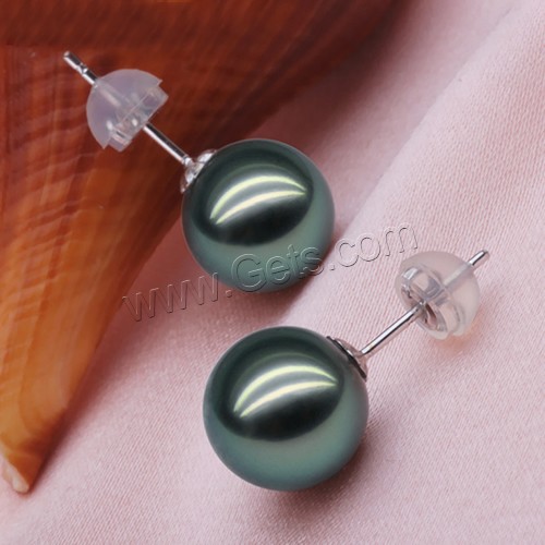 Perles de Tahiti Boucles d'oreilles, avec earnut en plastique, laiton puce boucle d'oreille, Rond, naturel, normes différentes pour le choix, noire, Vendu par paire