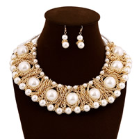ABS Plastic Pearl Jewelry Set, earring & necklace, with iron chain, brass earring hook, with 6.5cm extender chain, gold color plated, 40mm Approx 14 Inch 
