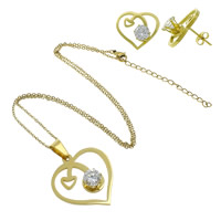 Cubic Zirconia Stainless Steel Jewelry Sets, earring & necklace, with 2lnch extender chain, Heart, plated, oval chain & with cubic zirconia Approx 17.6 Inch 
