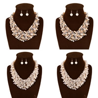 ABS Plastic Pearl Jewelry Set, earring & necklace, with iron chain & Crystal, brass earring hook, with 7.5cm extender chain, gold color plated, rolo chain & faceted 30mm, 70mm Approx 17 Inch 