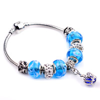 Zinc Alloy European Bracelets, with brass chain & Crystal & Lampwork, Crown, plated & faceted & with rhinestone, nickel, lead & cadmium free, 180-200mm 