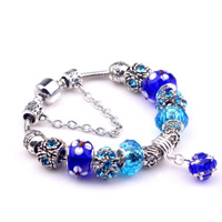 Zinc Alloy European Bracelets, with brass chain & Crystal & Lampwork, Round, plated & faceted & with rhinestone, nickel, lead & cadmium free, 180-200mm 