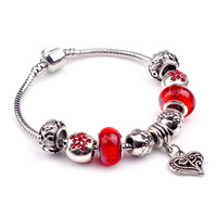 Zinc Alloy European Bracelets, with brass chain & Lampwork, Heart, antique silver color plated & with rhinestone, nickel, lead & cadmium free, 180-200mm 